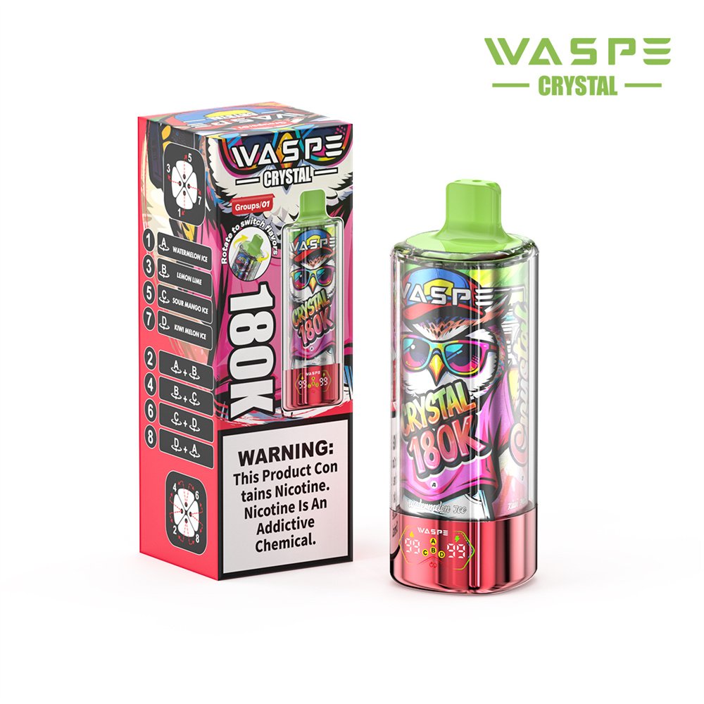 WASPE 180K Crystal 8 in 1 Disposable Vape 180000 Puffs LED Display Rechargeable Mesh Coil Wholesale Bulk